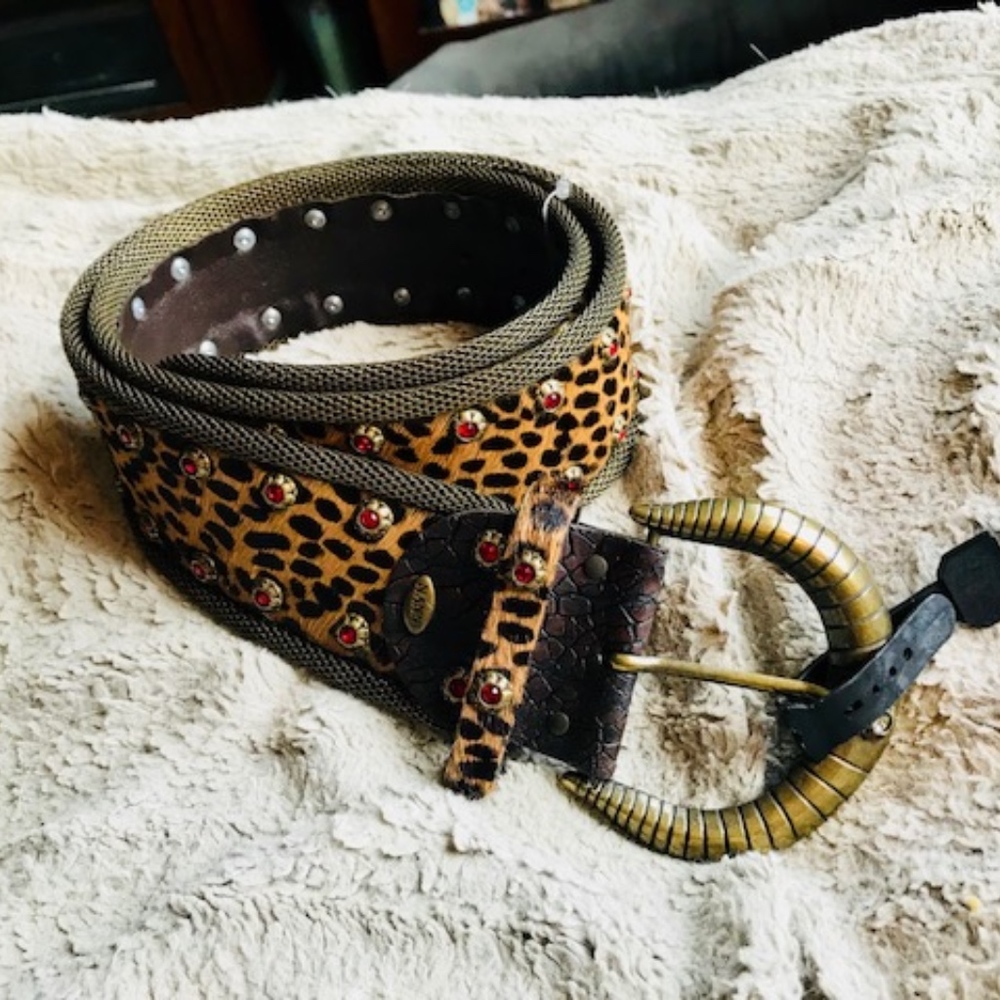 NANNI FAUX CHEETAH FUR, BRASS,, AND LEATHER BELT